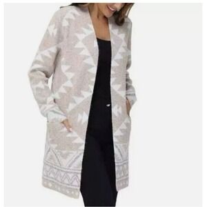 Frye Women Boho Southwestern Cardigan Aztec Geometric Pockets M Beige Longline